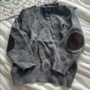 Polo Ralph Lauren Gray V-Neck Sweater with Brown Elbow Patches